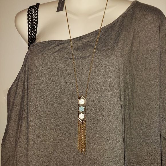 Gray Women's Plus Size Asymmetrical-Neck Cold Shoulder T-Shirt - Picture 7 of 11